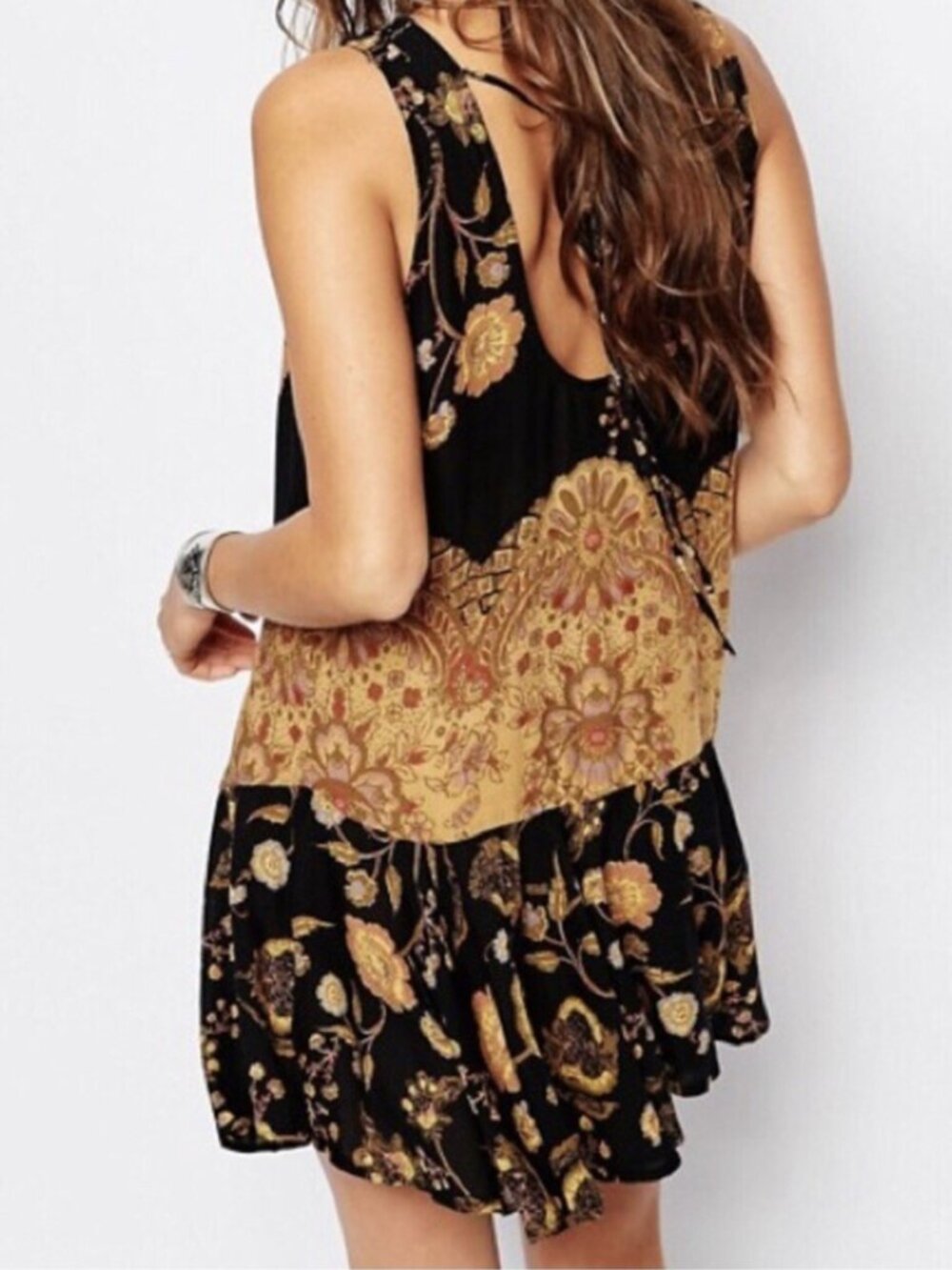Free People Intimately Dobby Boho Paisley Flouncy Hem Mini Dress in Black Comb S
